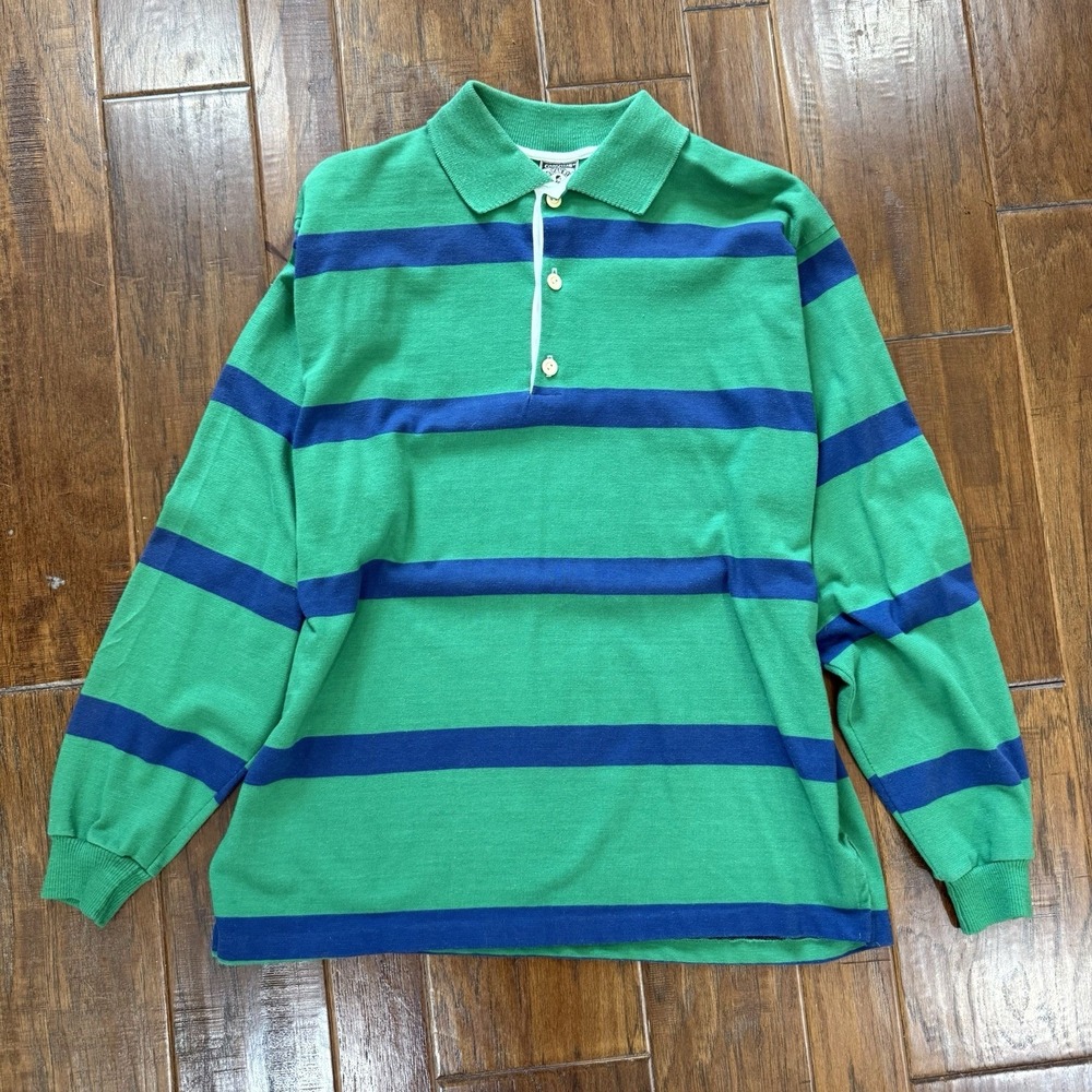 Vintage 90s Campus Rugby Polo Stripe Long Sleeve Mens XL Green‎ Blue USA Preppy